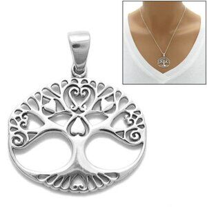 CHARMING STERLING SILVER HEARTS INFUSED TREE OF LIFE IN CIRCLE PENDANT.